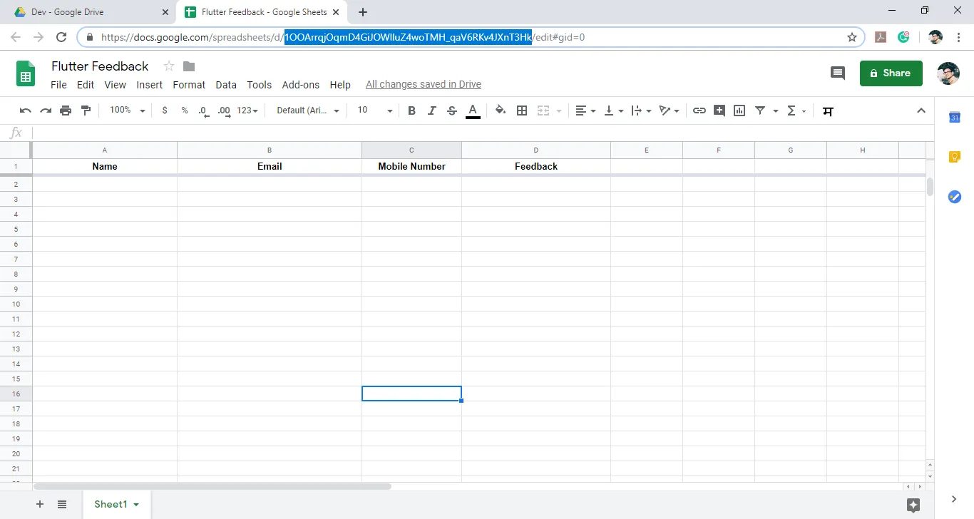 Initialized Google Sheet. (Selected Part of URL is Sheet ID).